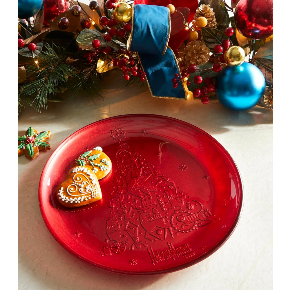 Neiman Marcus 2019 Christmas Glass Platter 13" Red Hand Painted Annual Plate NIB